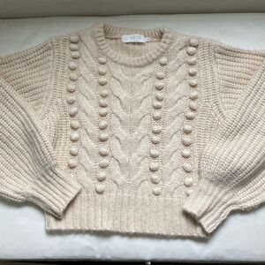 ASTR the Label off white cream pom pom cable knitted balloon sleeve sweater sz S